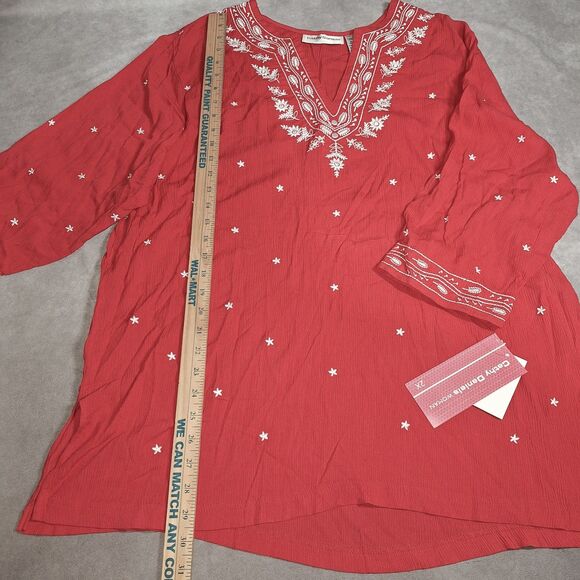 Cathy Daniels 2X Womens Embroidered Red And White Top Blouse - Picture 3 of 12